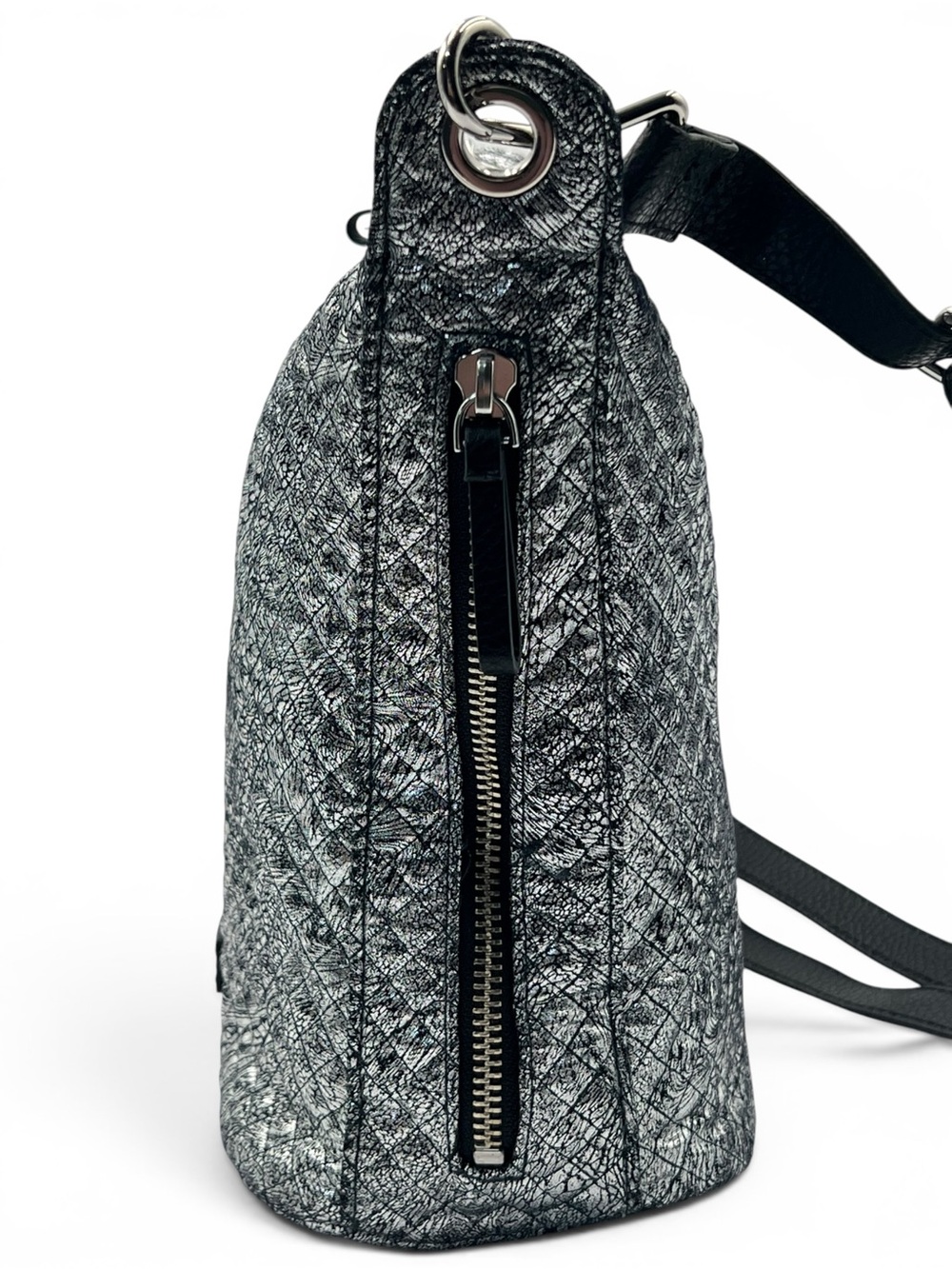 Vera BradleyCarson Silver Black Metallic Quilted Crossbody Hobo Bucket Bag Purse - Picture 6 of 10